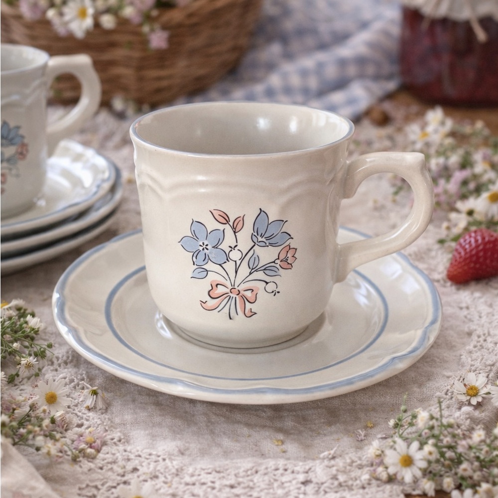 Set of 4 Vintage Cordella Bluet Floral Cup & Saucers